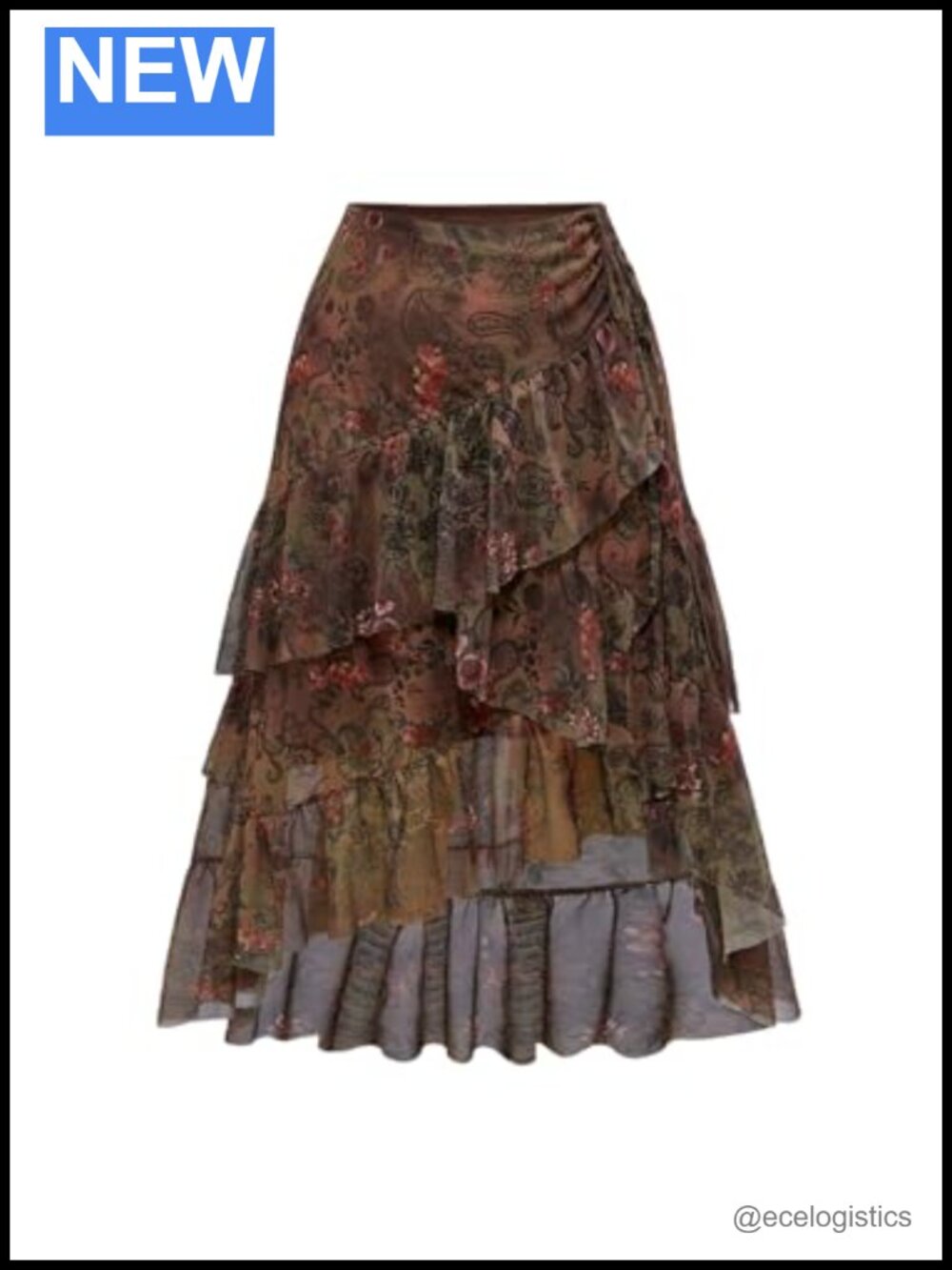 Plus Size Boho Asymmetrical High Low Skirt, Paisley Floral Ruffle, Drawstring
